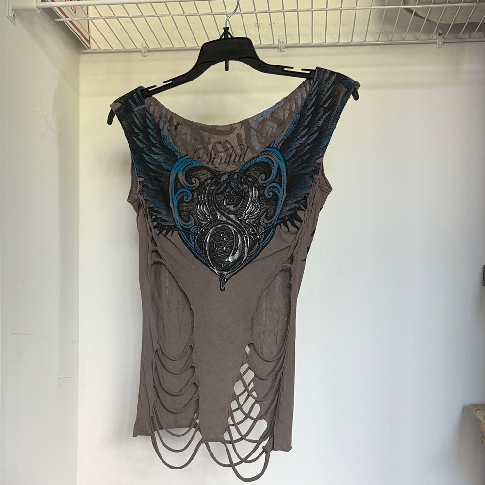 Sinful Brown and Blue Winged Tank Top